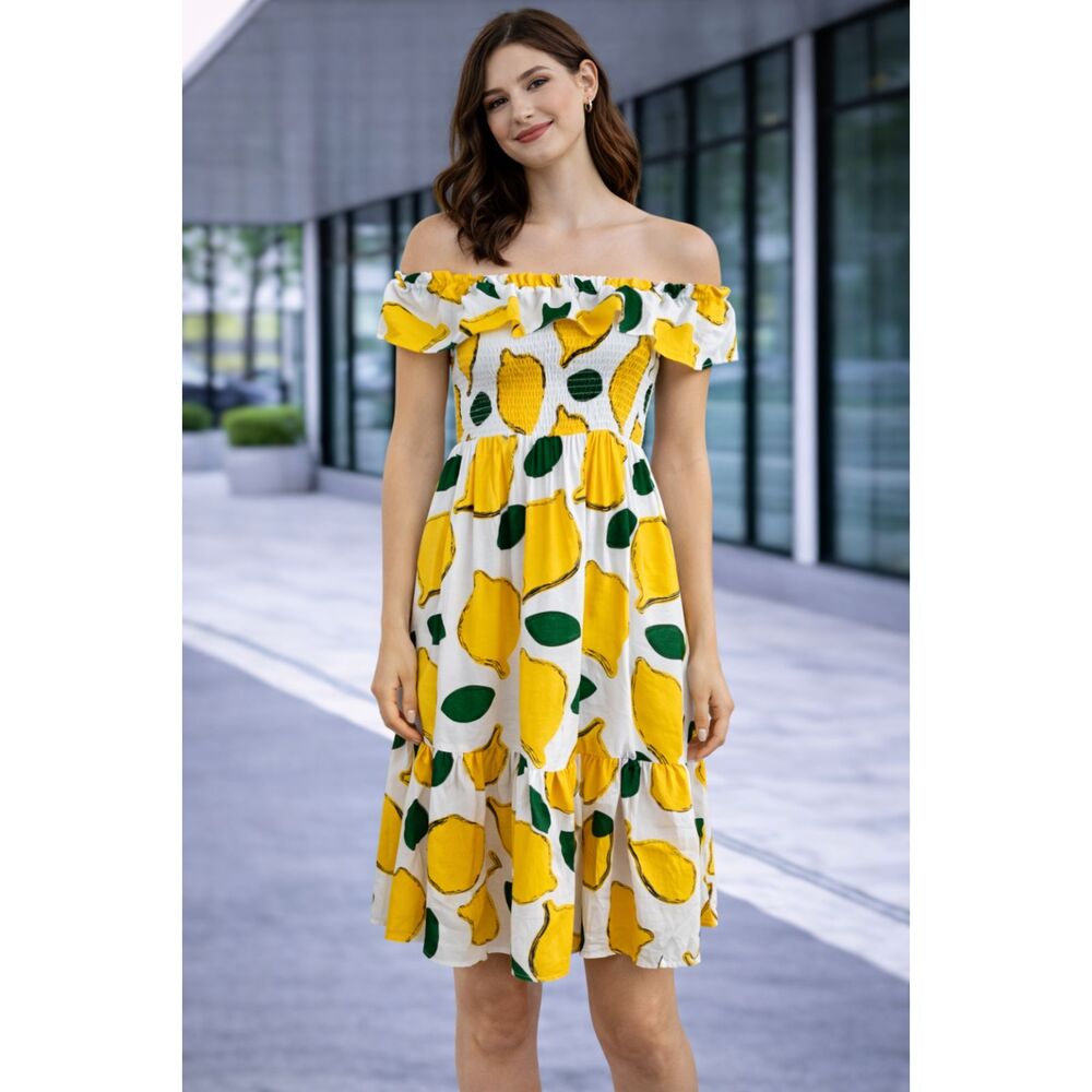 Sugar Lips Lemon Print Pucker Up Off The Shoulder Maxi Dress XS